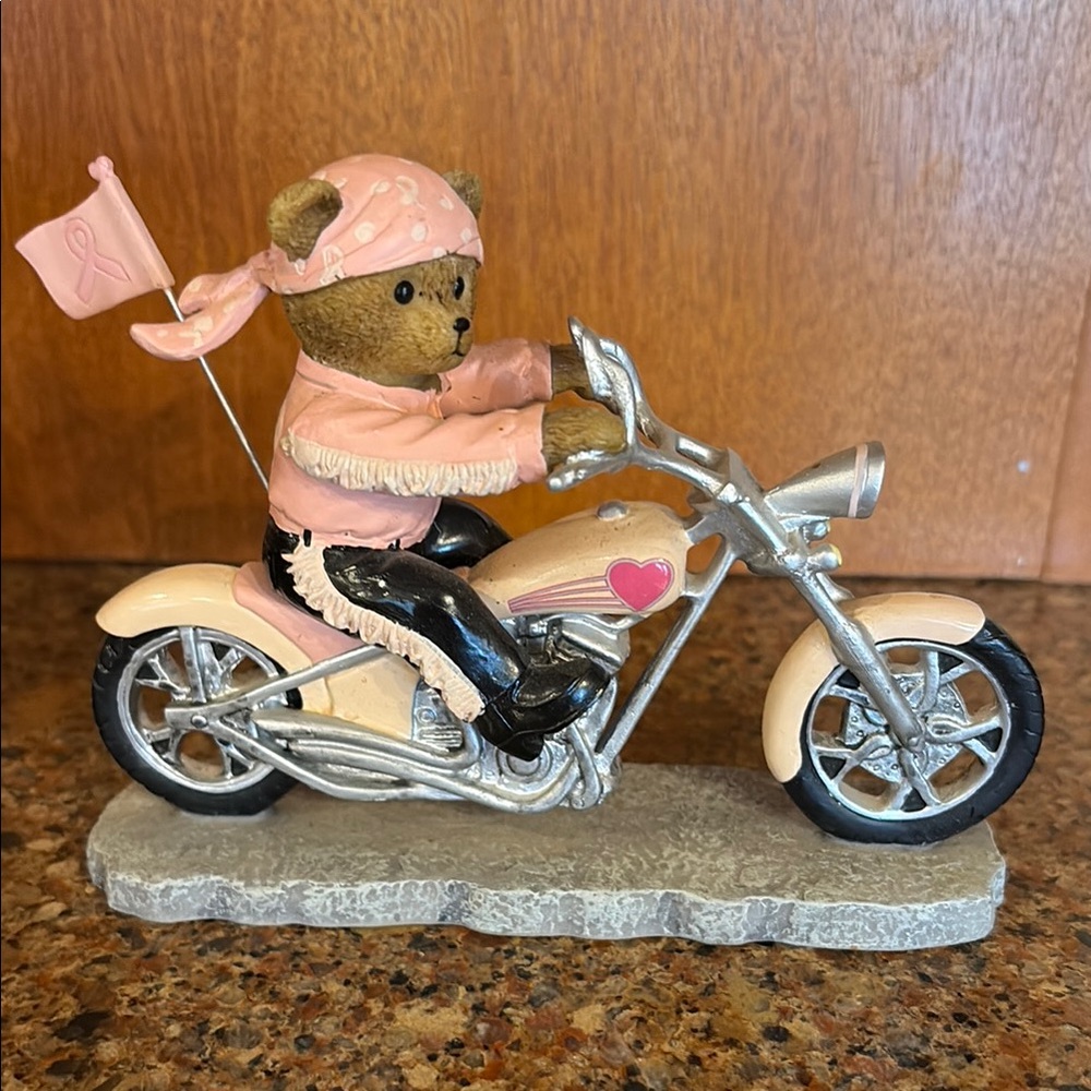 Pink and Silver Bear on Motorcycle Figurine